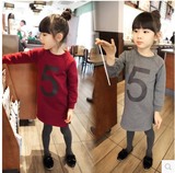童装2015冬装新款韩版个性数字女童纯棉长款加绒宽松卫衣连衣裙