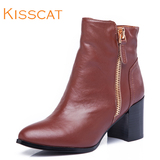 kisscat接吻猫2015冬季新品舒适粗跟靴优雅通勤高跟侧拉链短靴女