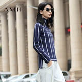 Amii[极简主义]2016秋冬季新款时尚高领前短后长宽松竖条纹毛衣女