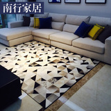 新款三角牛皮拼接创意地毯 客厅卧室黑白灰色马毛地毯 皮草地毯