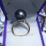 布莱尔珠宝送妈妈天然大溪地海珠黑珍珠戒指11-12mm正圆无暇14K金