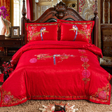罗莱家纺专柜正品新婚红色刺绣花鸟古典纯棉贡缎四件套至十件套