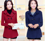 韩版毛呢外套女装2015春季新款大码修身双排扣短款羊绒呢大衣风衣