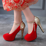 雨黛尔热卖大红色婚鞋一字扣拼色防水台单鞋高跟女鞋工作鞋新娘鞋