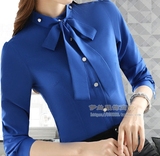 秋季职业衬衫女长袖蓝色飘带衬衣时尚气质修身上衣百搭工作服寸衣