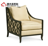 美式乡村实木镂空雕花单人沙发法式麻布软包老虎椅欧式布艺沙发椅
