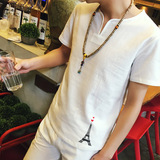 夏季男装新款棉麻体恤衫日系修身潮流男士青少年圆领亚麻短袖T恤