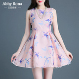 Abby Rona2016夏装 新款修身欧根纱3D投影印花花朵无袖连衣裙