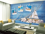 地中海风格渔网装饰墙创意背景墙壁纸贝壳墙酒吧卧室床头大型壁画