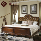 美式实木床真皮双人床1.8米婚床 欧式全实木复古深色胡桃木床家具