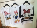 2016年夏季童趣唐老鸭迪士尼刺绣亮片烫钻pinko短袖T恤女装上衣