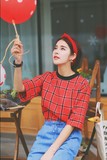 春装韩版学院风复古宽松显瘦红色格子上衣体恤 学生套头女T恤中袖