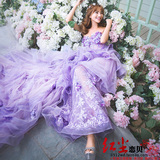 影楼主题服装2016新款长拖尾紫色婚纱拍照情侣装摄影蕾丝花朵礼服