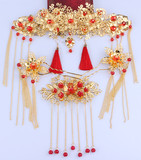新娘中式饰品古装凤冠头饰秀禾和服民族风金色流梳吊坠步摇发钗典