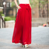 心语泉夏季时尚雪纺阔腿裤红色长裤女气质修身显瘦裤自然腰裤裙薄