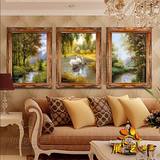 油画手绘三联客厅欧式风景玄关有框装饰画天鹅湖美画纯手工正品
