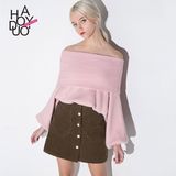 Haoduoyi2016秋季女装新款  性感一字领露肩时尚灯笼袖修身毛衣女
