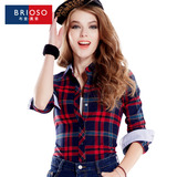 BRIOSO格子衬衫女长袖2016春装新款韩范学生磨毛百搭纯棉打底衬衣