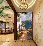地中海风景3D立体手绘油画客厅壁纸餐厅走廊玄关背景墙纸大型壁画