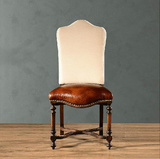 美式法式复古实木餐椅/欧式新古典真皮餐椅北欧做旧书椅洽谈椅