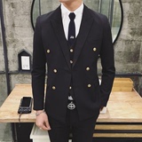 秋冬新款 韩版男士修身西服三件套薄款双排扣纯色英伦小西装套装