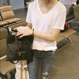 夏季韩版新款竹节棉短袖T恤女宽松休闲V领纯色体恤衫简约学生上衣
