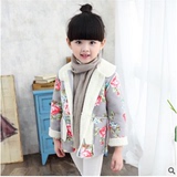 女童2015棉衣秋冬新款韩版印花鹿皮棉大衣单排扣拼接加绒童外套