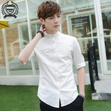 七分袖衬衫男 夏季韩版修身型五分袖衬衣青年男装亚麻短袖寸衫潮