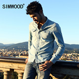 Simwood男装2016春季新品男士牛仔衬衫复古做旧修身立领牛仔衬衫