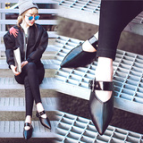 2016春季欧洲站时尚女式欧美风真皮浅口平底单鞋黑色平跟尖头女鞋