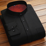 2015冬季新款男士立领保暖衬衫长袖加绒加厚 中华商务纯黑色衬衣