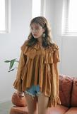 2016韩国秋季NEW 时尚优雅纯色半开领荷叶边衬衫衬衣女装