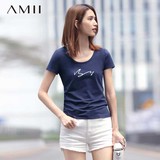 艾米女装Amii旗舰店极简主义 春夏新圆领弹力修身百搭手绘印花T恤