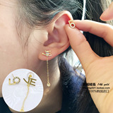 韩国正品代购进口纯14K黄金耳钉 镶钻锆石浪漫LOVE 长短耳线 纯金