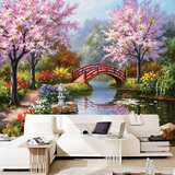 唯美手绘大型壁画墙纸 客厅电视背景墙壁纸 粉色樱花桃花油画墙布