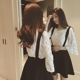 2016蘑菇街韩国女装夏季新款蕾丝喇叭袖上衣+背带裙子两件套装潮