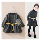 韩版~秋冬季新款儿童装 外贸女童圆领细带加绒长袖连衣裙裙衫