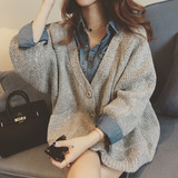 2016女装秋季新品韩范大v领开衫双口袋混色针织衫外套女外穿毛衣