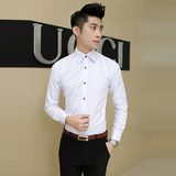 2015男士长袖衬衫韩版修身青少年白色休闲型男潮流时尚衬衣学生潮