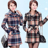 2015秋冬装新款中年毛呢外套女中长款韩版修身格子羊绒呢子大衣潮