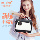 黑白撞色女包韩版小清新麦包包2016新款小猫小包包手提单肩斜挎包