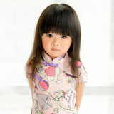 夏款儿童旗袍中国风女童短袖裙子 儿童节卡通图案雪纺宝宝连衣裙
