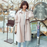 韩国代购2016春秋季女士中长款显瘦韩版灯笼袖女式OL粉色风衣外套