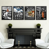 欧式建筑墙画装饰画客厅沙发背景画城市街道有框挂画黑白风景壁画