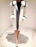 2016秋季欧美新款女士羊毛呢子外套 羊绒拼色狐狸毛大衣 长款修身
