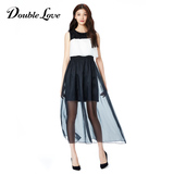Doublelove女装2016秋冬新款优雅黑白无袖收腰假两件套连衣裙