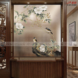 定做现代中式客厅茶室透明艺术玻璃屏风雕花隔断花鸟工艺玄关蔷薇