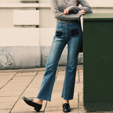韩国代购秋冬新款韩版时尚气质印染贴布修身微喇叭女装牛仔裤长裤
