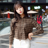 韩版2016春季新款韩版大码学生修身格子衬衫女休闲显瘦短款衬衣潮