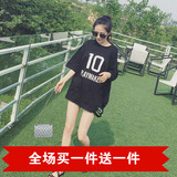 2016夏新款韩版宽松破洞印花字母圆领七分袖T恤中长款纯色上衣女